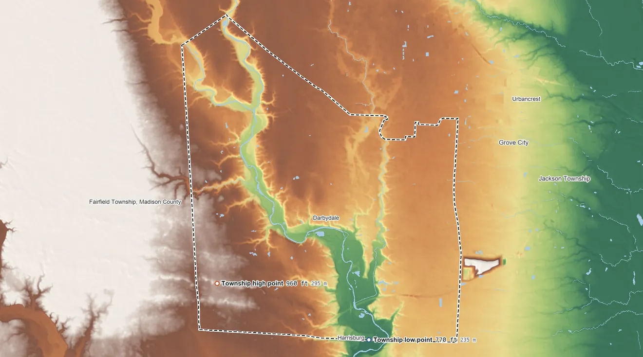 Topographic elevation map of Pleasant Township, Franklin County, Ohio, shaded from 770 ft on the south side to 960 ft on the southwest side