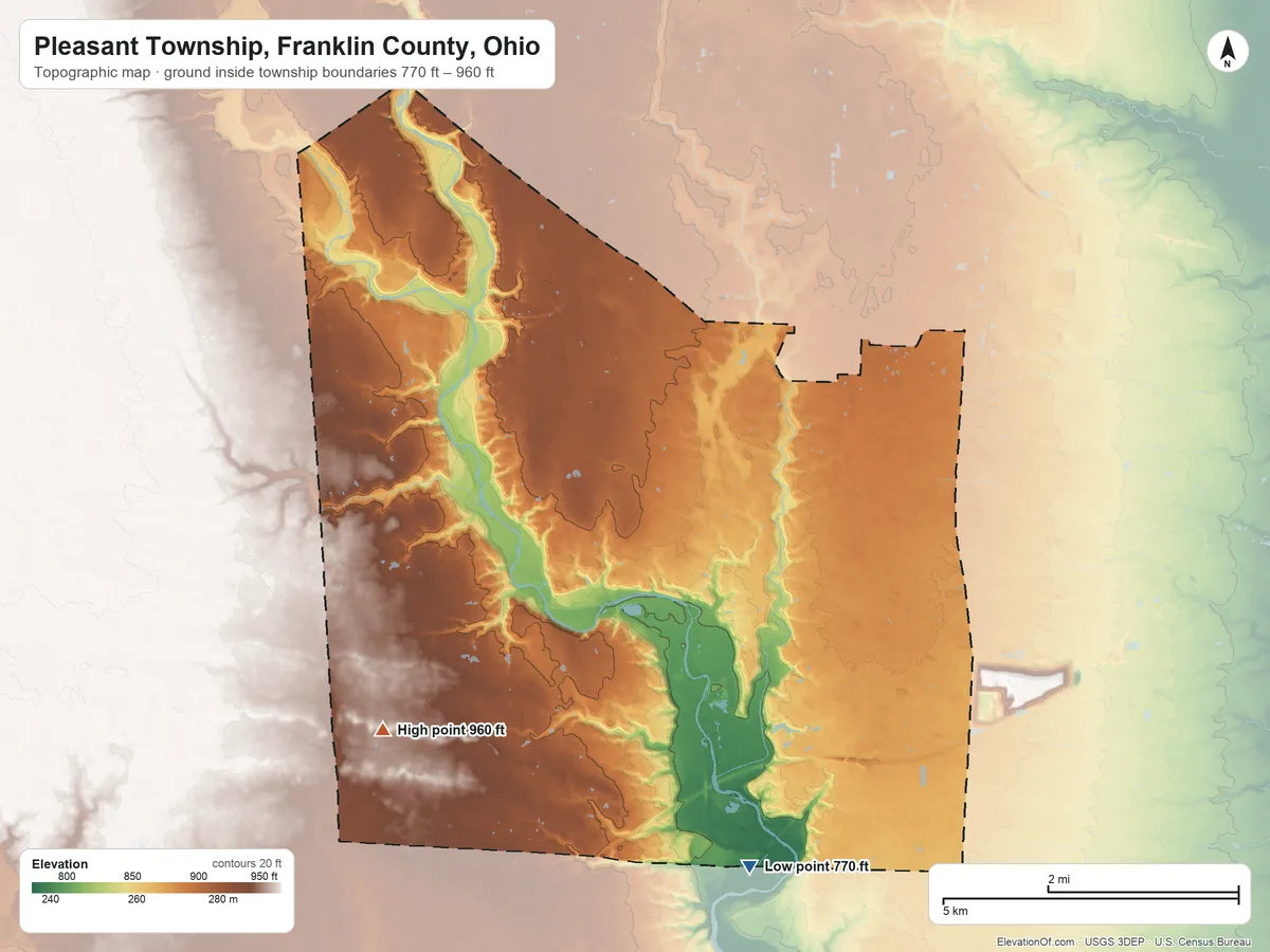 Topographic elevation map of Pleasant Township, Franklin County, Ohio, shaded from 770 ft on the south side to 960 ft on the southwest side
