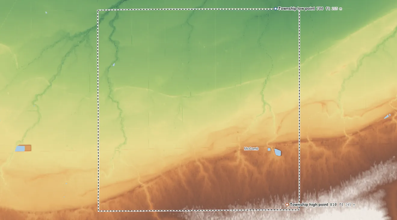 Topographic elevation map of Pleasant Township, Hancock County, Ohio, shaded from 700 ft on the north side to 810 ft on the southeast side