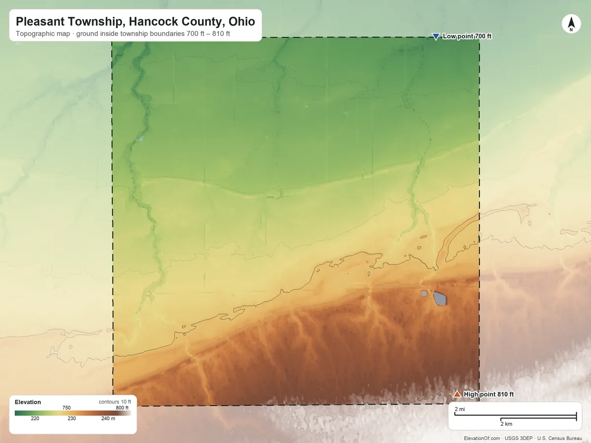 Topographic elevation map of Pleasant Township, Hancock County, Ohio, shaded from 700 ft on the north side to 810 ft on the southeast side