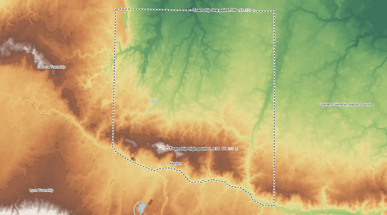 Topographic elevation map of Pleasant Township, Hardin County, Ohio, shaded from 900 ft on the north side to 1,030 ft near the middle