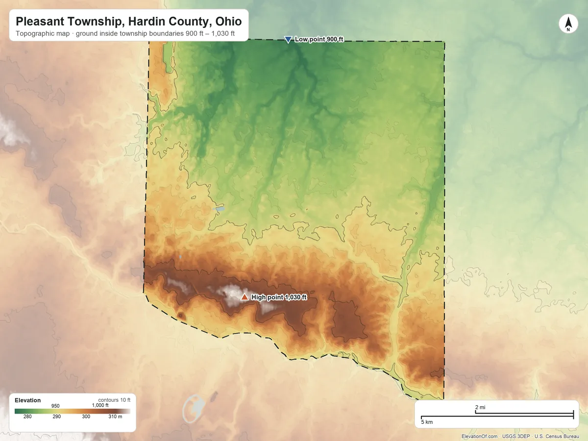 Topographic elevation map of Pleasant Township, Hardin County, Ohio, shaded from 900 ft on the north side to 1,030 ft near the middle