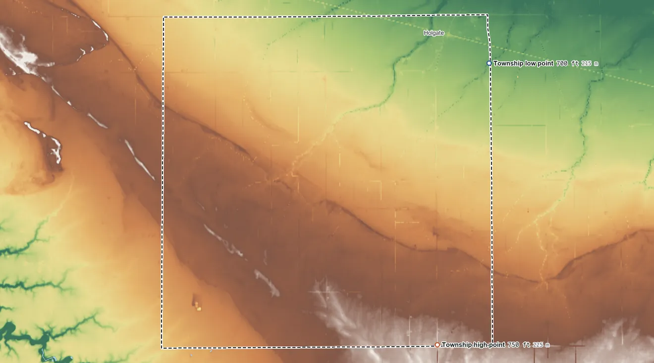 Topographic elevation map of Pleasant Township, Henry County, Ohio, shaded from 700 ft on the northeast side to 750 ft on the south side