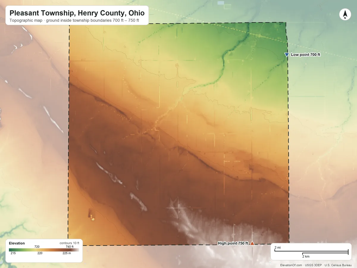 Topographic elevation map of Pleasant Township, Henry County, Ohio, shaded from 700 ft on the northeast side to 750 ft on the south side