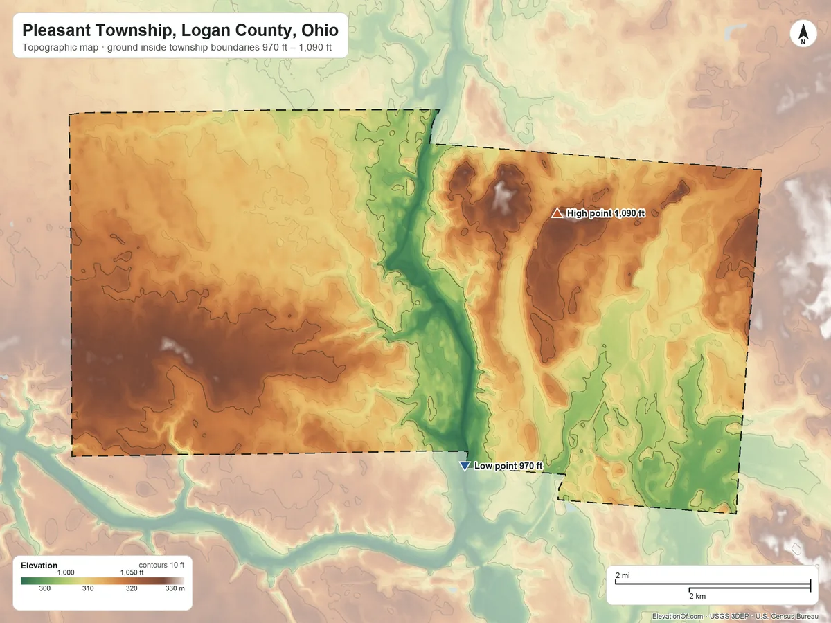 Topographic elevation map of Pleasant Township, Logan County, Ohio, shaded from 970 ft on the south side to 1,090 ft on the northeast side