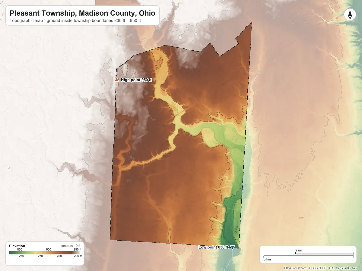 Topographic elevation map of Pleasant Township, Madison County, Ohio, shaded from 830 ft on the south side to 950 ft on the northwest side