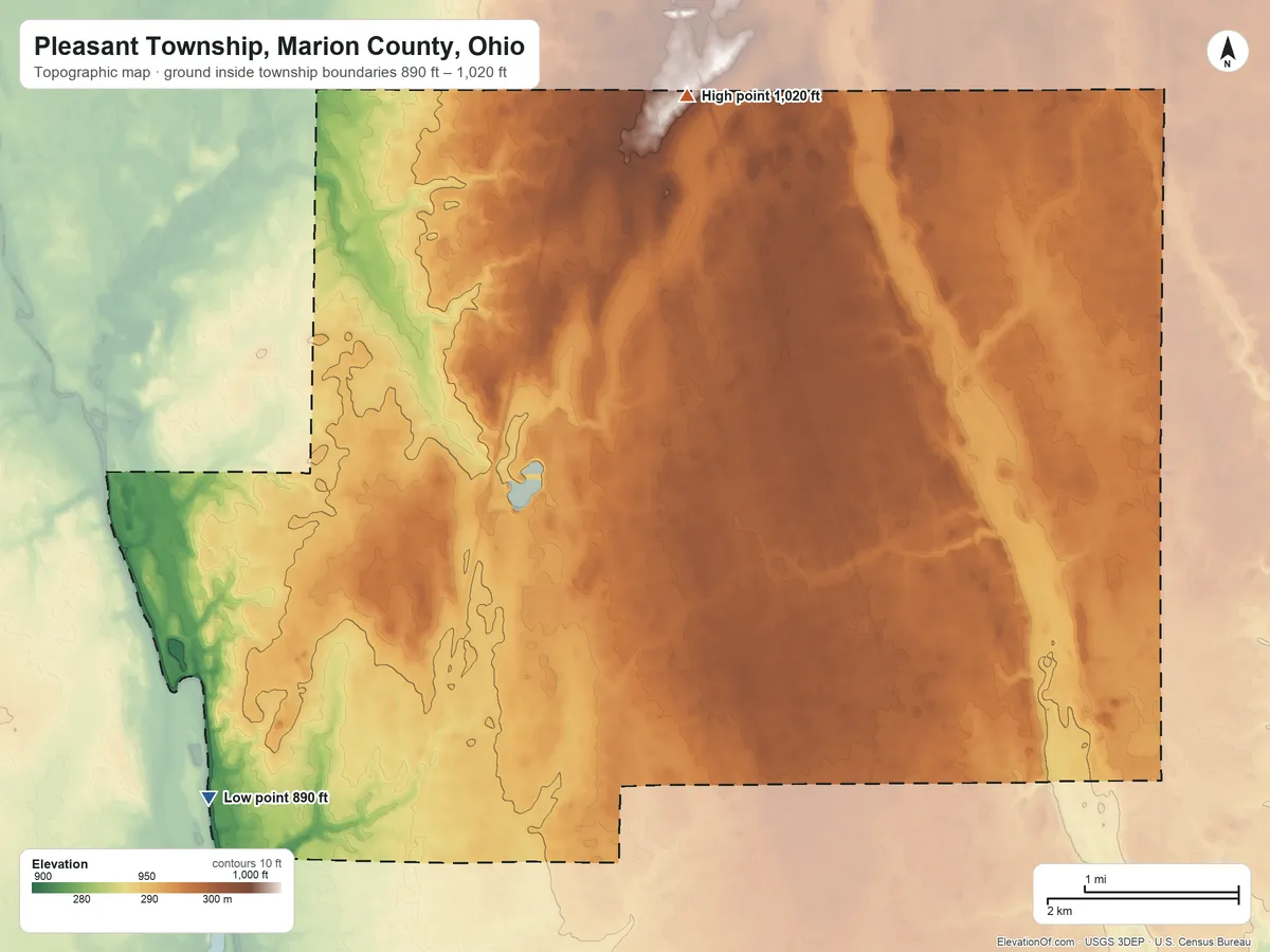 Topographic elevation map of Pleasant Township, Marion County, Ohio, shaded from 890 ft on the southwest side to 1,020 ft on the north side