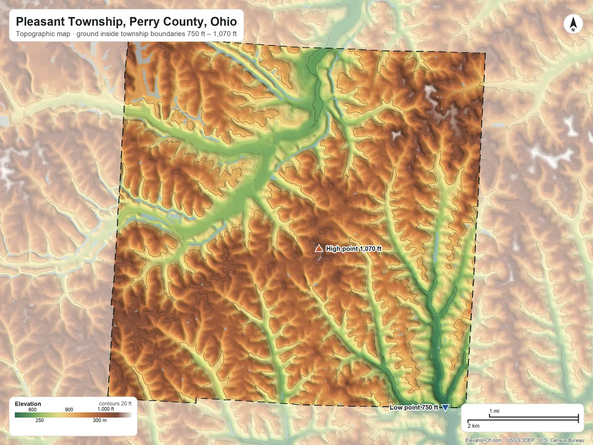 Topographic elevation map of Pleasant Township, Perry County, Ohio, shaded from 750 ft on the southeast side to 1,070 ft on the southeast side
