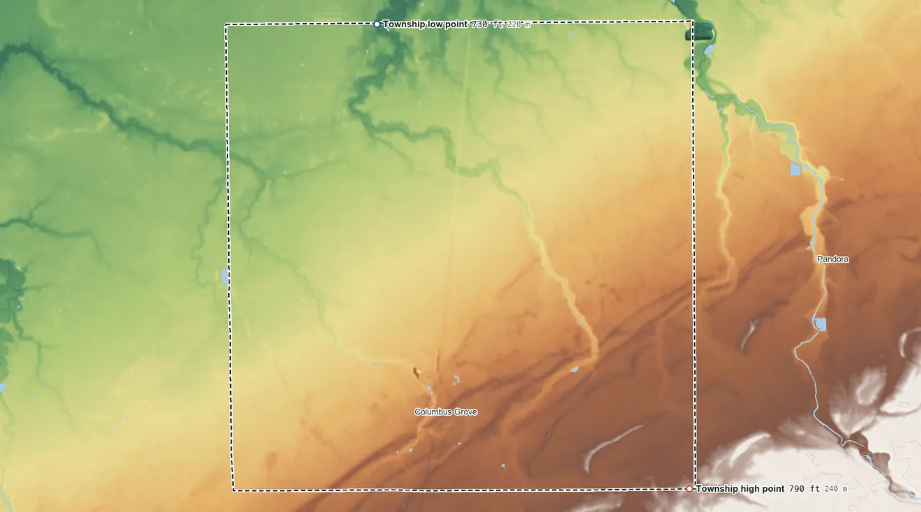 Topographic elevation map of Pleasant Township, Putnam County, Ohio, shaded from 730 ft on the north side to 790 ft on the southeast side