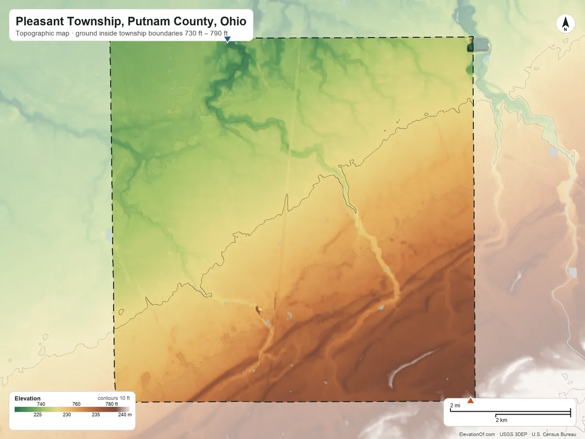 Topographic elevation map of Pleasant Township, Putnam County, Ohio, shaded from 730 ft on the north side to 790 ft on the southeast side