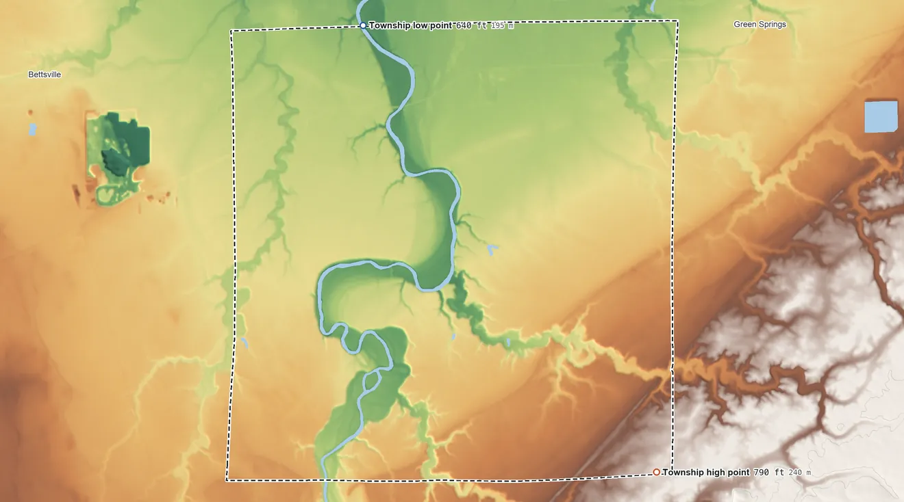 Topographic elevation map of Pleasant Township, Seneca County, Ohio, shaded from 640 ft on the north side to 790 ft on the southeast side