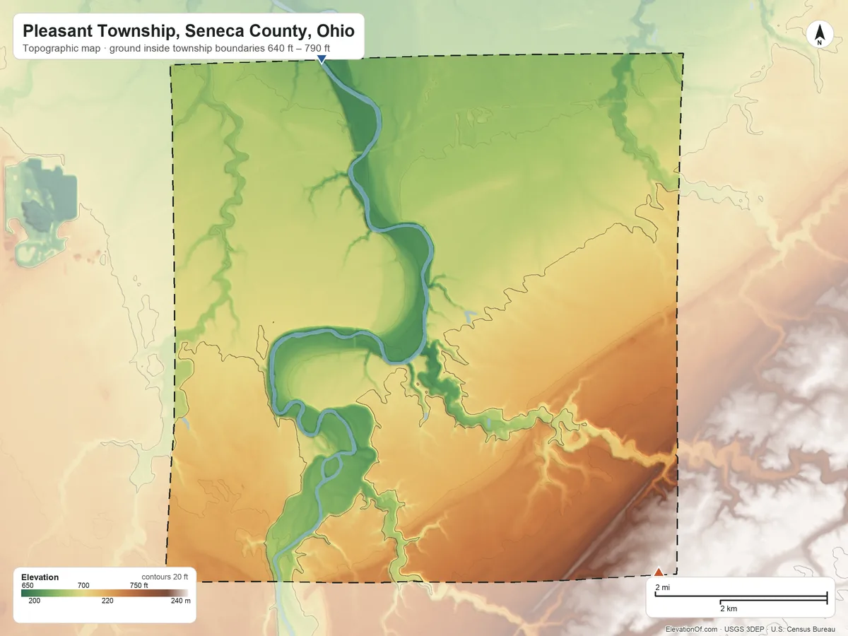 Topographic elevation map of Pleasant Township, Seneca County, Ohio, shaded from 640 ft on the north side to 790 ft on the southeast side