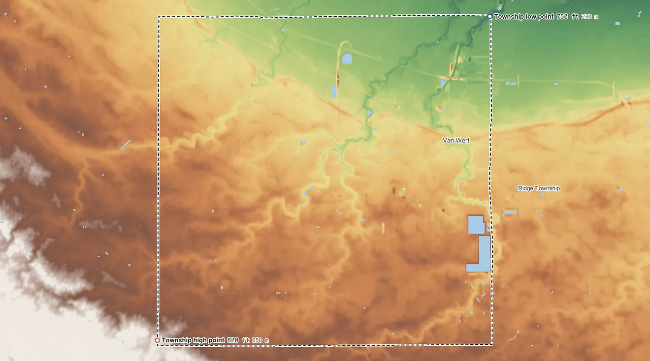 Topographic elevation map of Pleasant Township, Ohio, shaded from 750 ft on the northeast side to 820 ft on the southwest side