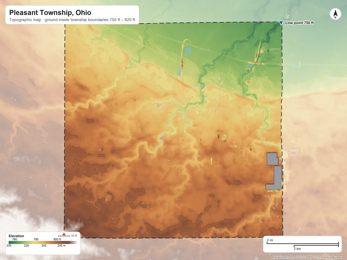 Topographic elevation map of Pleasant Township, Ohio, shaded from 750 ft on the northeast side to 820 ft on the southwest side