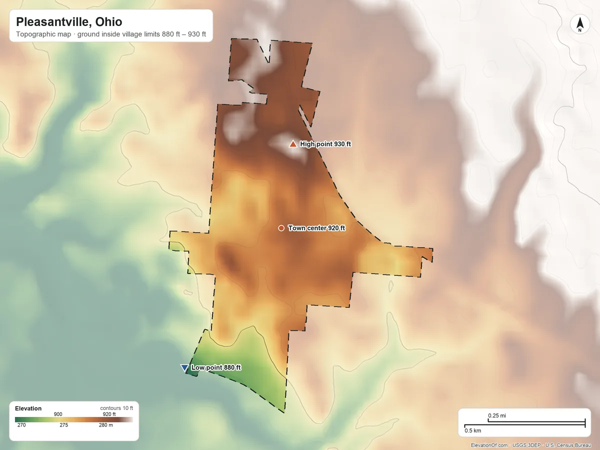 Topographic elevation map of Pleasantville, Ohio, shaded from 880 ft on the southwest side to 930 ft on the north side