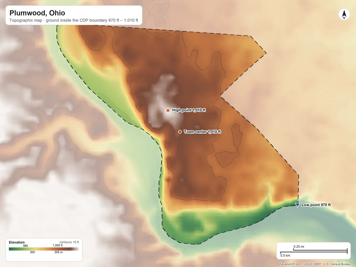 Topographic elevation map of Plumwood, Ohio, shaded from 970 ft on the southeast side to 1,010 ft near the middle