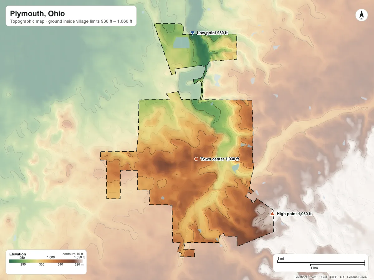 Topographic elevation map of Plymouth, Ohio, shaded from 930 ft on the north side to 1,060 ft on the southeast side