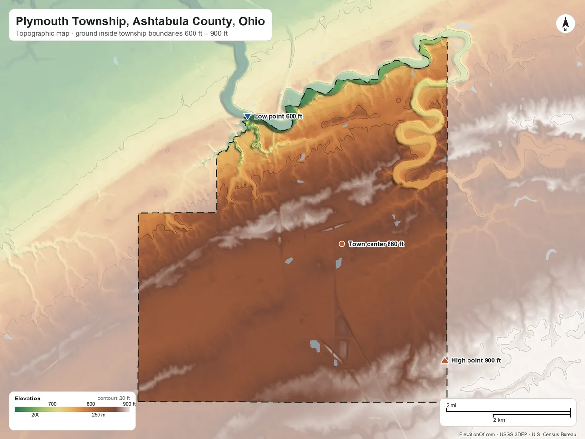 Topographic elevation map of Plymouth Township, Ashtabula County, Ohio, shaded from 600 ft on the northwest side to 900 ft on the southeast side