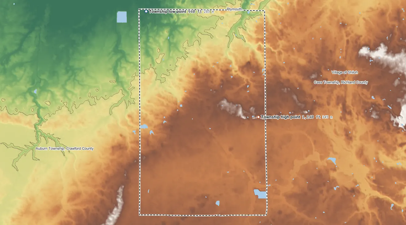 Topographic elevation map of Plymouth Township, Ohio, shaded from 940 ft on the northwest side to 1,140 ft on the southeast side