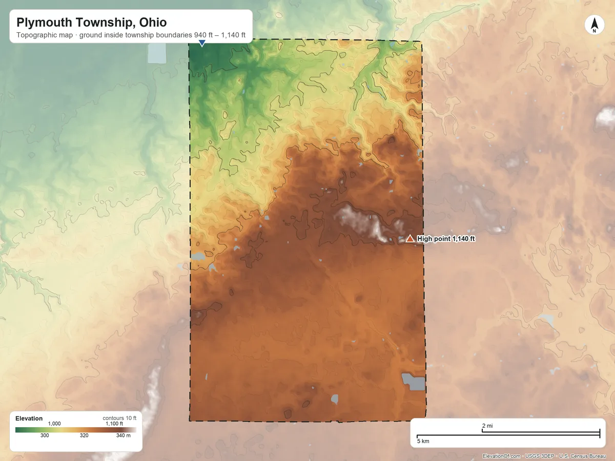 Topographic elevation map of Plymouth Township, Ohio, shaded from 940 ft on the northwest side to 1,140 ft on the southeast side
