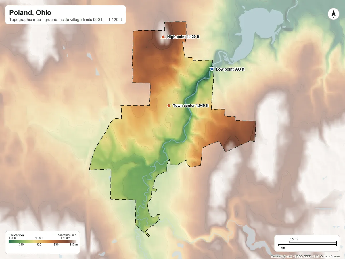 Topographic elevation map of Poland, Ohio, shaded from 990 ft on the northeast side to 1,120 ft on the north side
