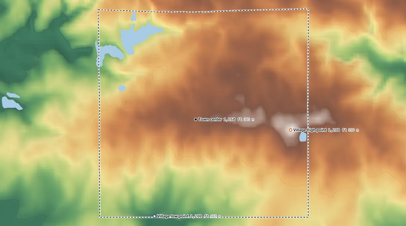 Topographic elevation map of Polk, Ohio, shaded from 1,200 ft on the southwest side to 1,280 ft on the east side