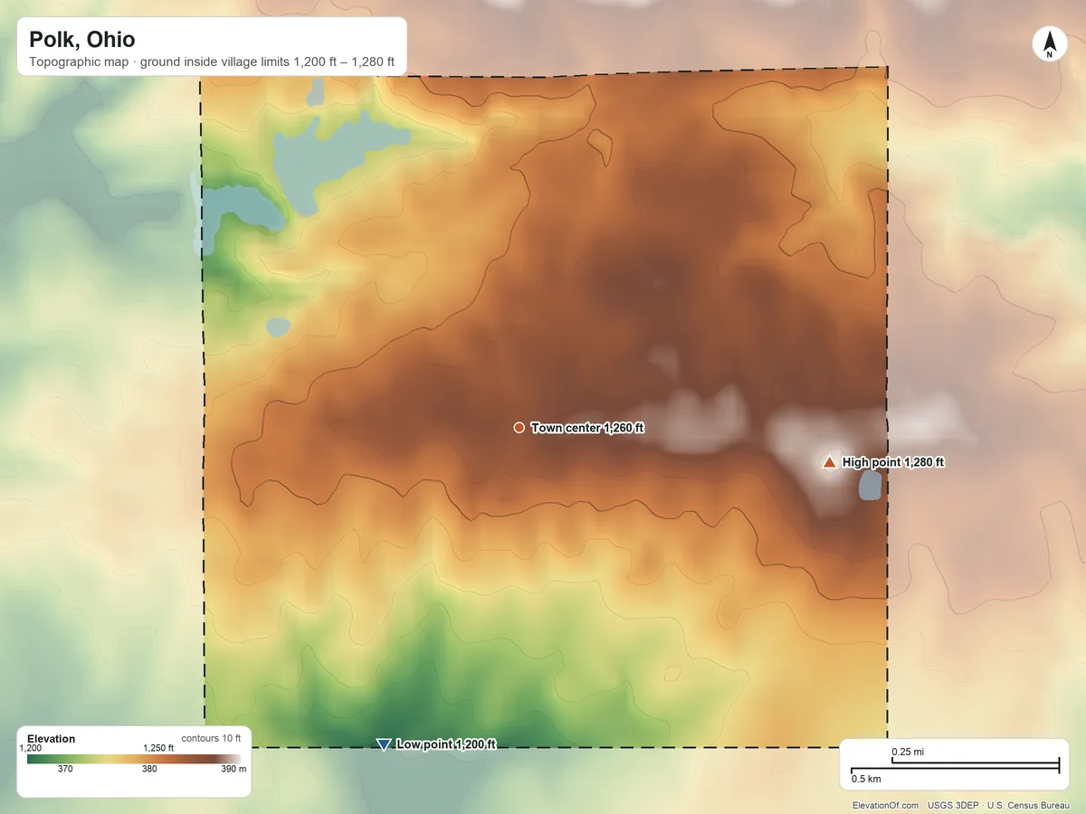 Topographic elevation map of Polk, Ohio, shaded from 1,200 ft on the southwest side to 1,280 ft on the east side