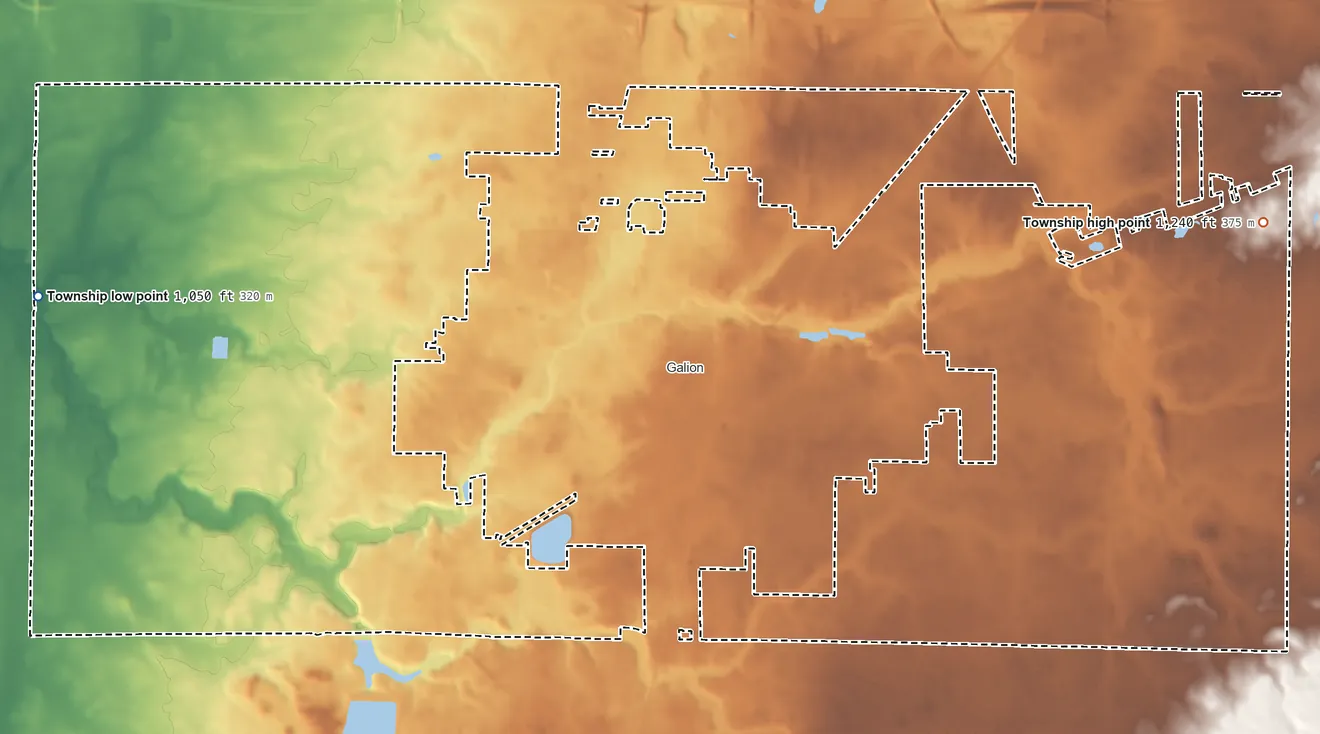 Topographic elevation map of Polk Township, Ohio, shaded from 1,050 ft on the west side to 1,240 ft on the east side