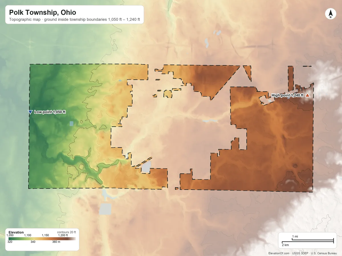 Topographic elevation map of Polk Township, Ohio, shaded from 1,050 ft on the west side to 1,240 ft on the east side