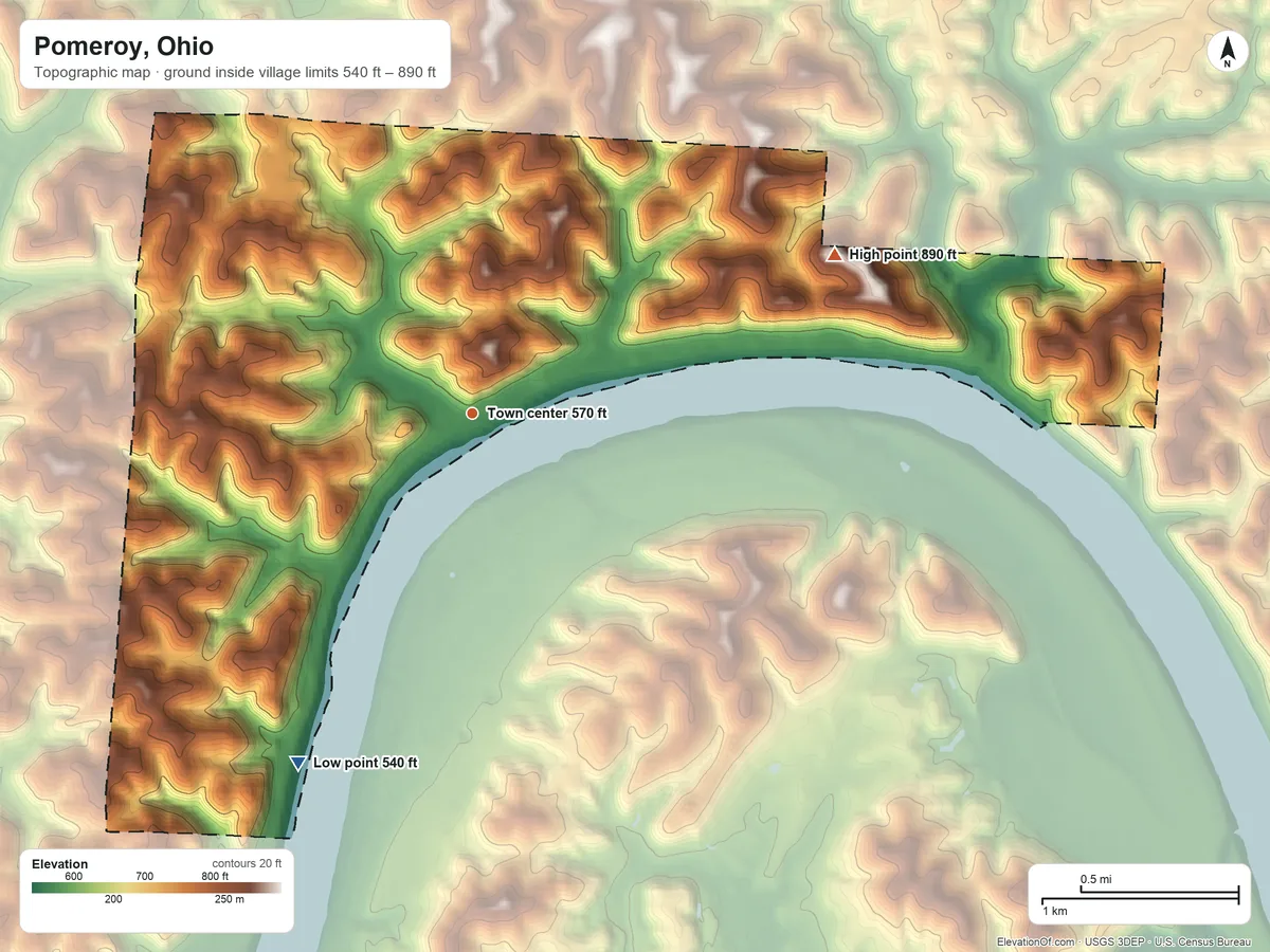Topographic elevation map of Pomeroy, Ohio, shaded from 540 ft on the southwest side to 890 ft on the northeast side