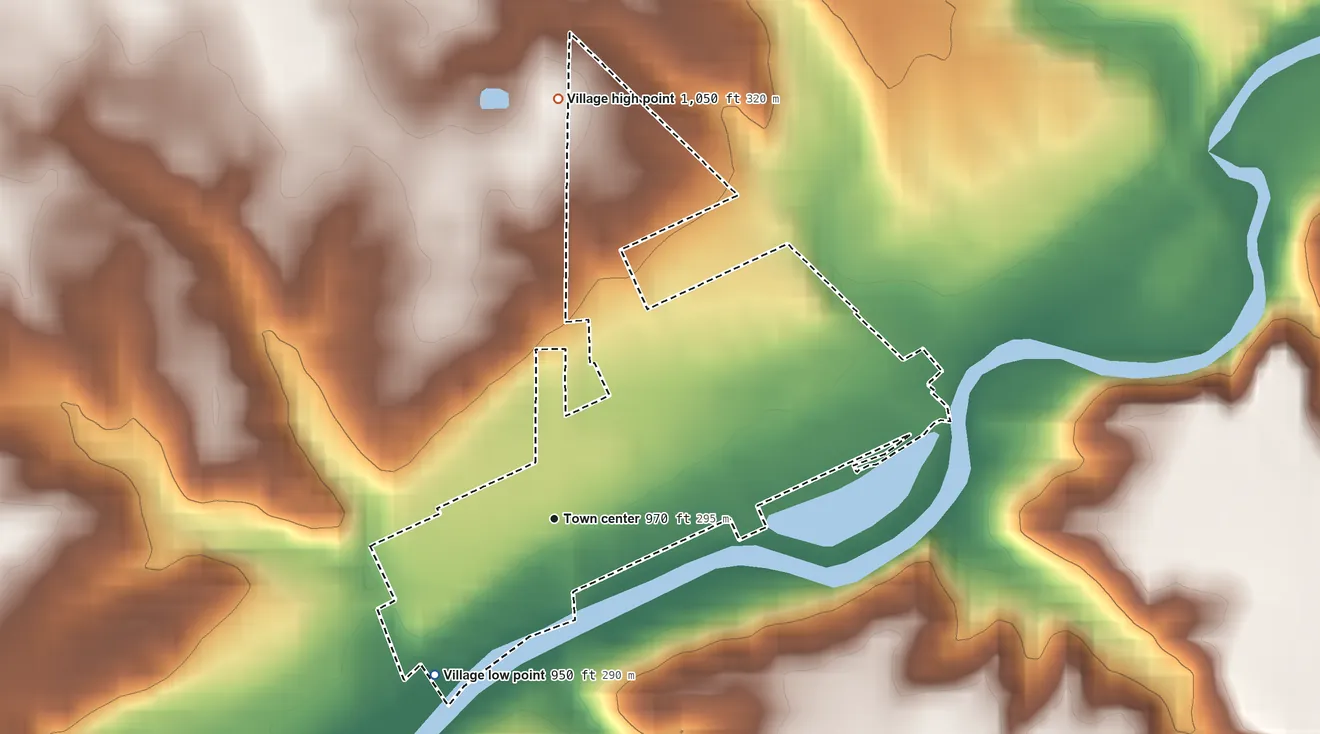 Topographic elevation map of Port Jefferson, Ohio, shaded from 950 ft on the southwest side to 1,050 ft on the north side