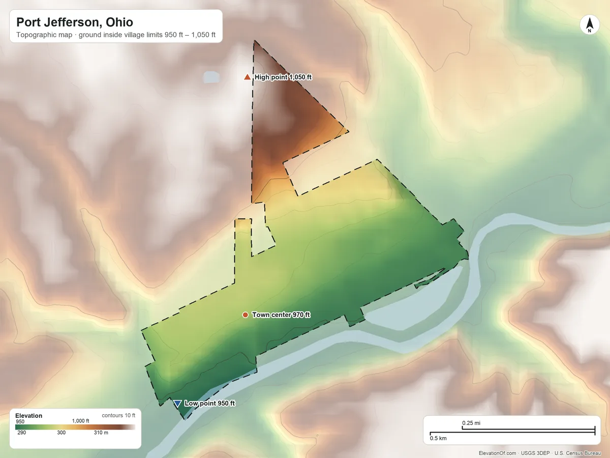 Topographic elevation map of Port Jefferson, Ohio, shaded from 950 ft on the southwest side to 1,050 ft on the north side