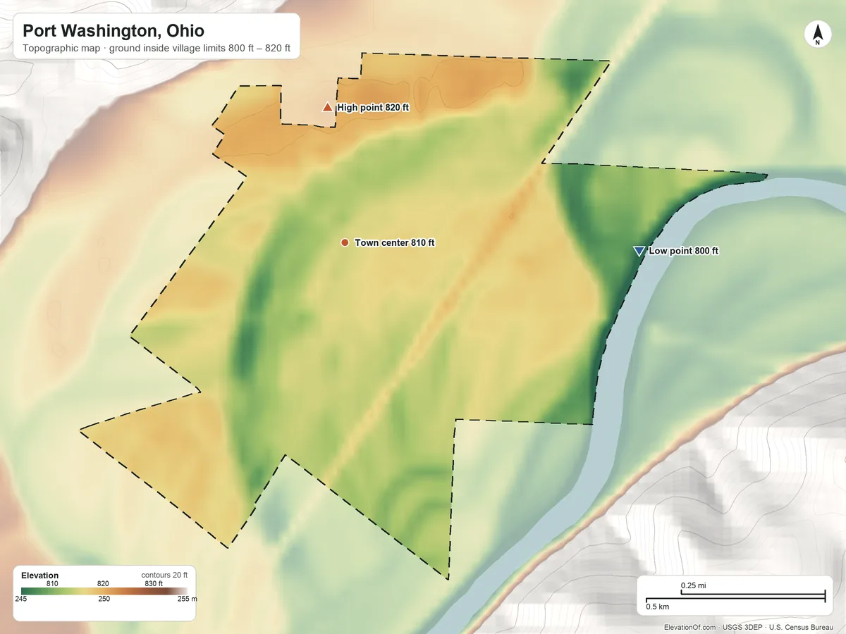 Topographic elevation map of Port Washington, Ohio, shaded from 800 ft on the east side to 820 ft on the north edge, below higher ground just outside