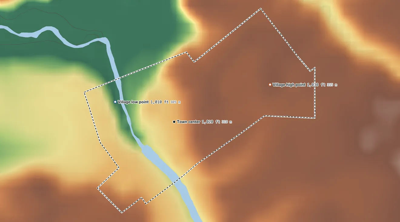 Topographic elevation map of Port William, Ohio, shaded from 1,010 ft on the west side to 1,030 ft on the east side