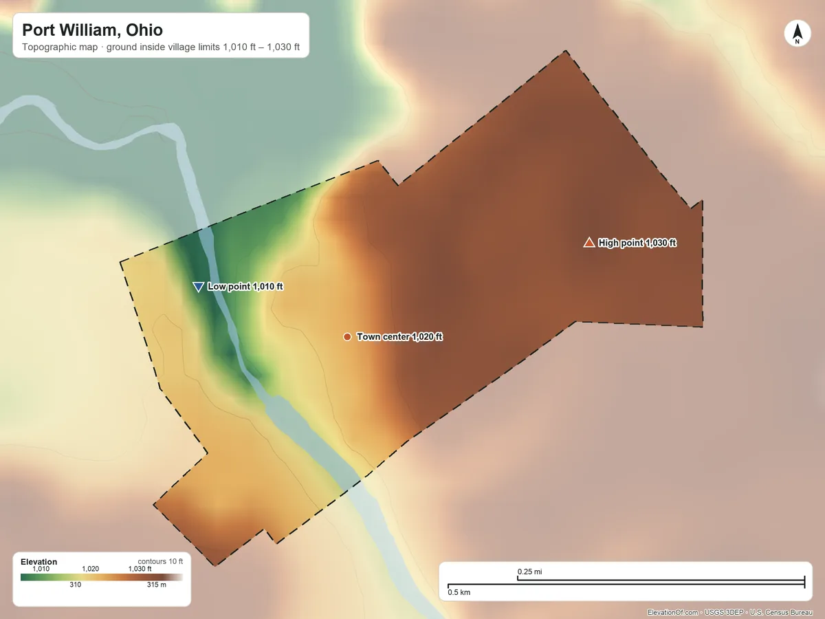 Topographic elevation map of Port William, Ohio, shaded from 1,010 ft on the west side to 1,030 ft on the east side