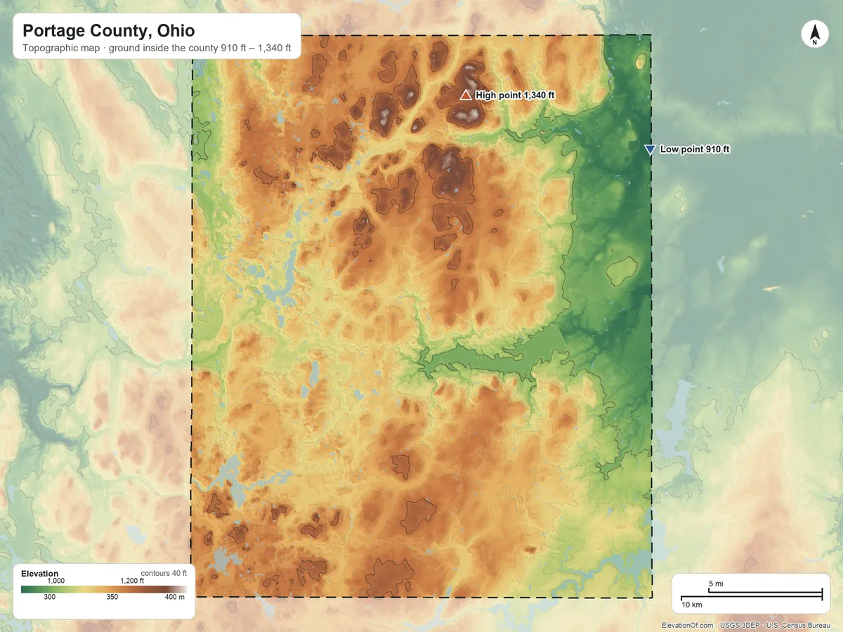 Topographic elevation map of Portage County, Ohio, shaded from 910 ft on the northeast side to 1,340 ft on Derthick Hill