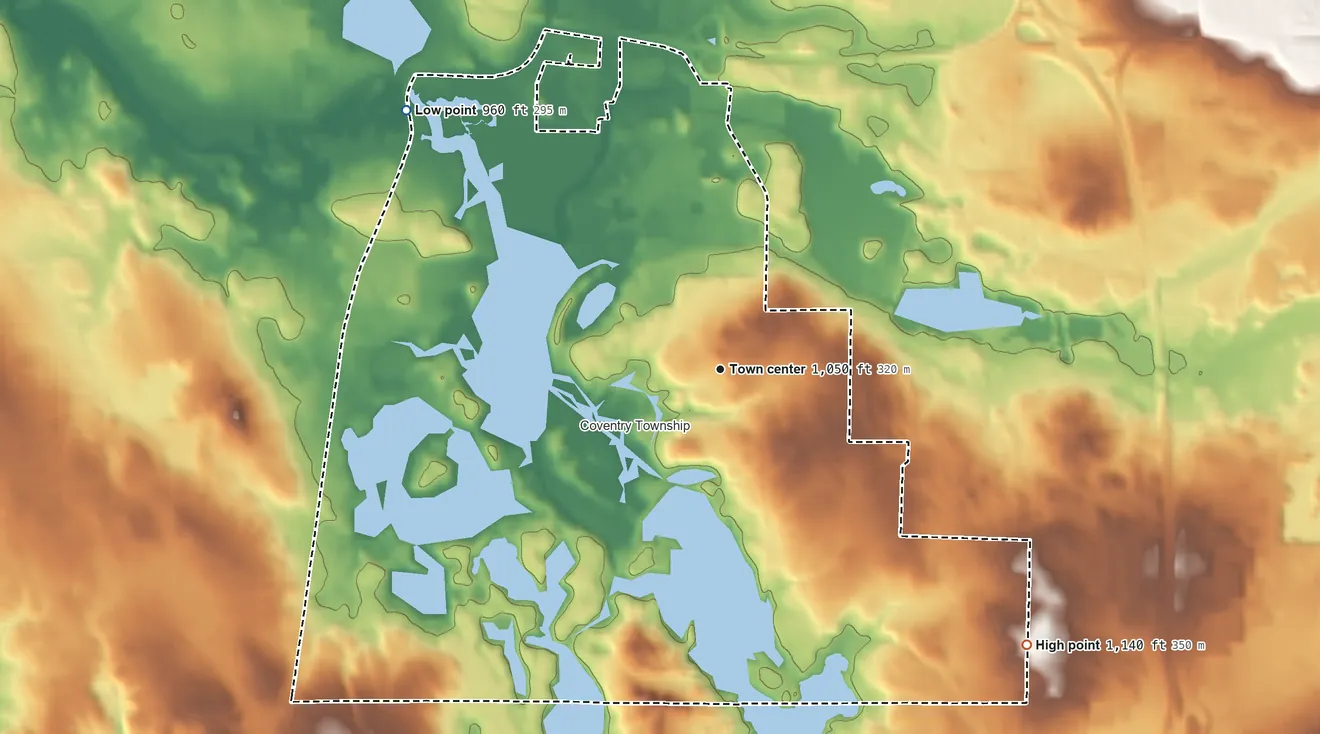 Topographic elevation map of Portage Lakes, Ohio, shaded from 960 ft on the northwest side to 1,140 ft on the southeast side