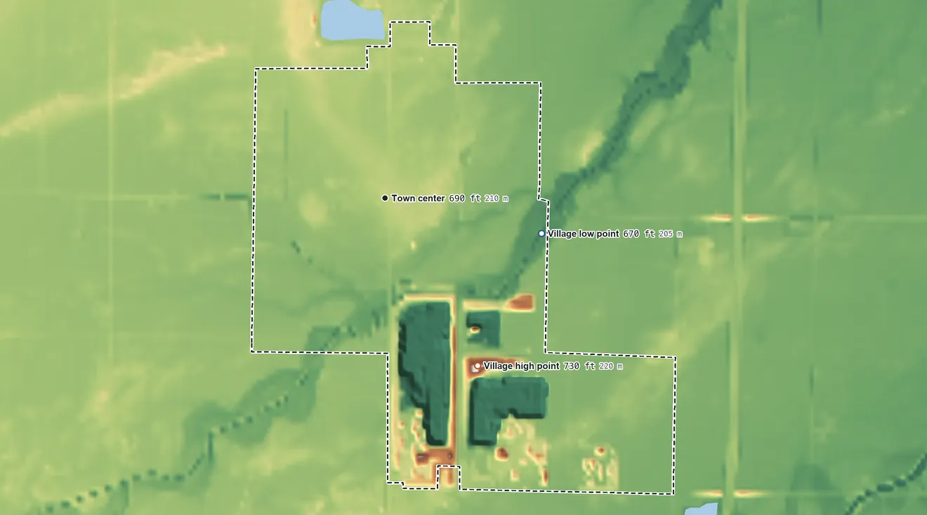 Topographic elevation map of Portage, Ohio, shaded from 670 ft on the east side to 730 ft on the southeast side