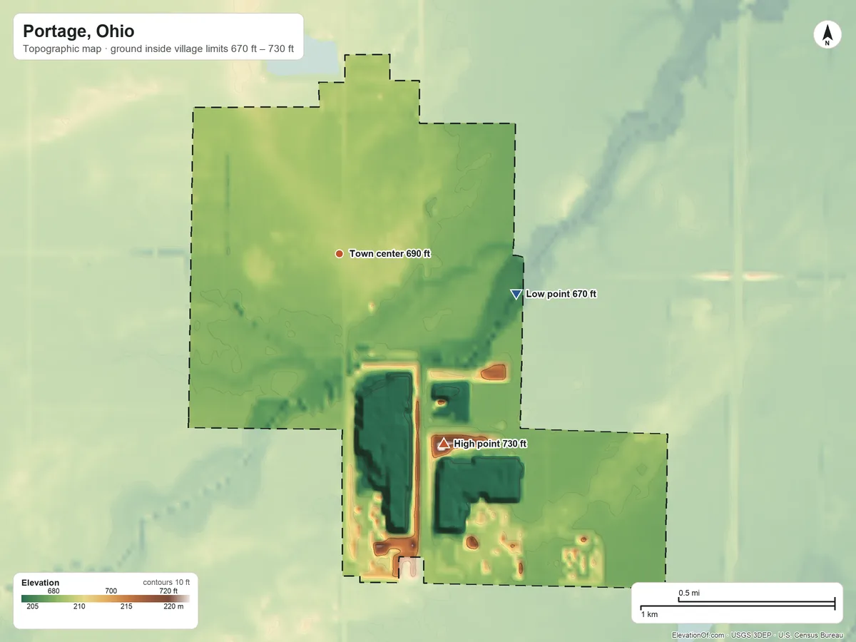 Topographic elevation map of Portage, Ohio, shaded from 670 ft on the east side to 730 ft on the southeast side