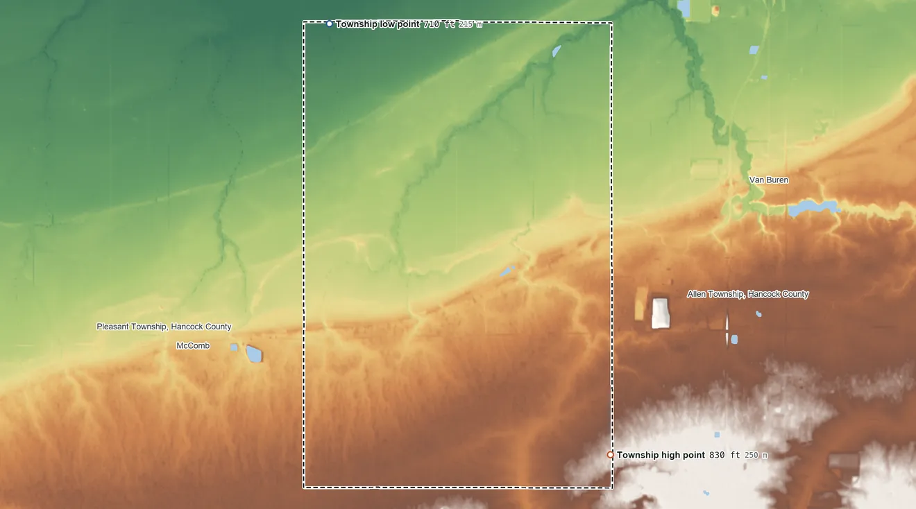 Topographic elevation map of Portage Township, Hancock County, Ohio, shaded from 710 ft on the northwest side to 830 ft on the southeast side