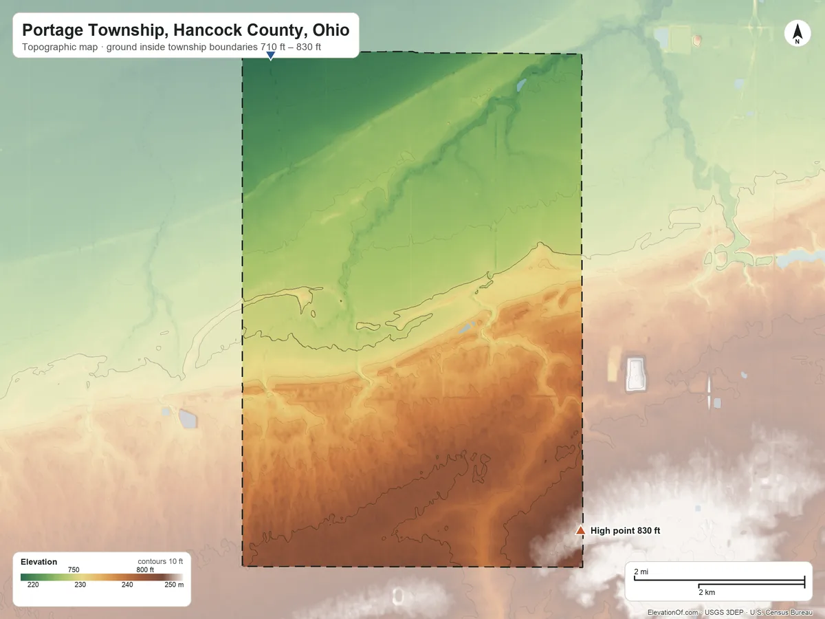 Topographic elevation map of Portage Township, Hancock County, Ohio, shaded from 710 ft on the northwest side to 830 ft on the southeast side