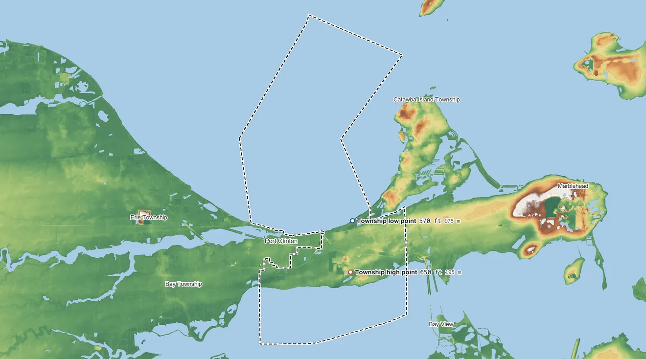 Topographic elevation map of Portage Township, Ottawa County, Ohio, shaded from 570 ft on the northeast side to 650 ft near the middle