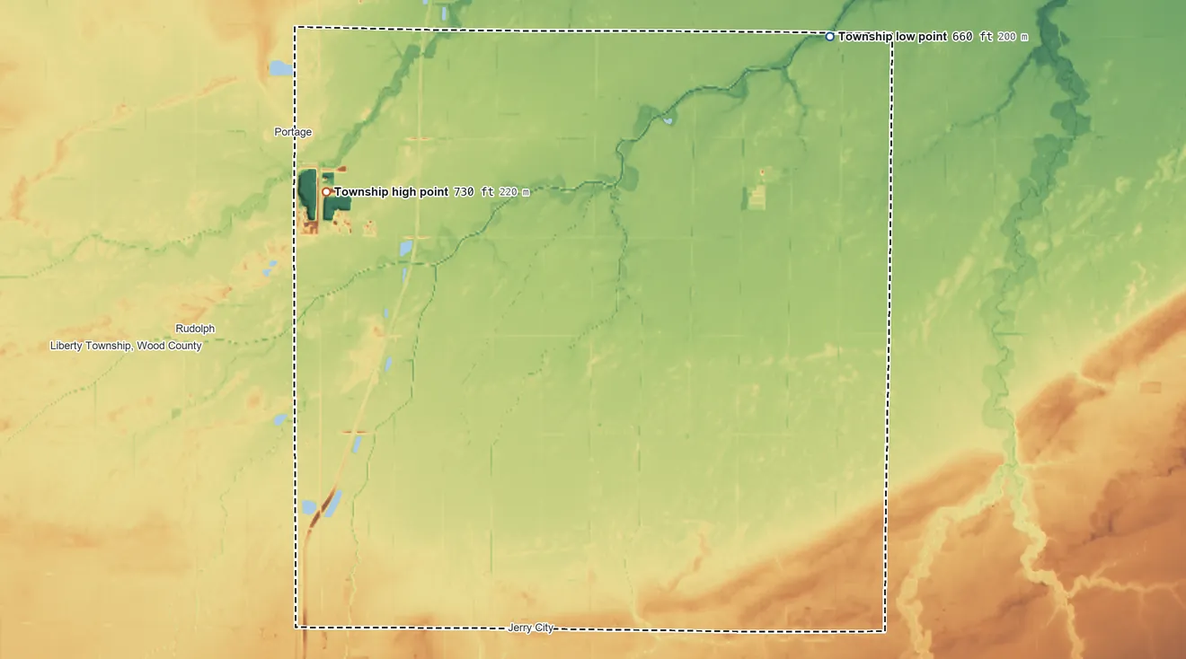 Topographic elevation map of Portage Township, Ohio, shaded from 660 ft on the northeast side to 730 ft on the northwest side