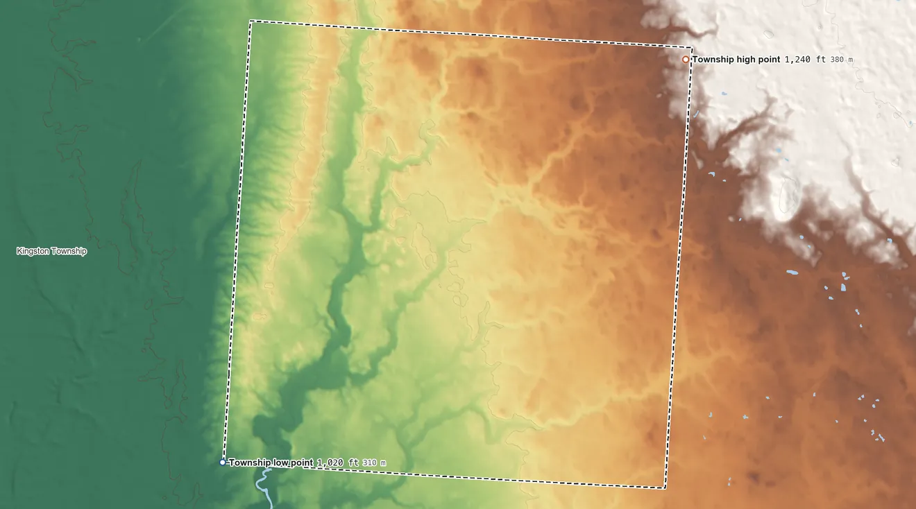 Topographic elevation map of Porter Township, Delaware County, Ohio, shaded from 1,020 ft on the southwest side to 1,240 ft on the northeast side