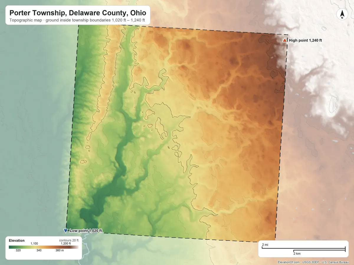 Topographic elevation map of Porter Township, Delaware County, Ohio, shaded from 1,020 ft on the southwest side to 1,240 ft on the northeast side