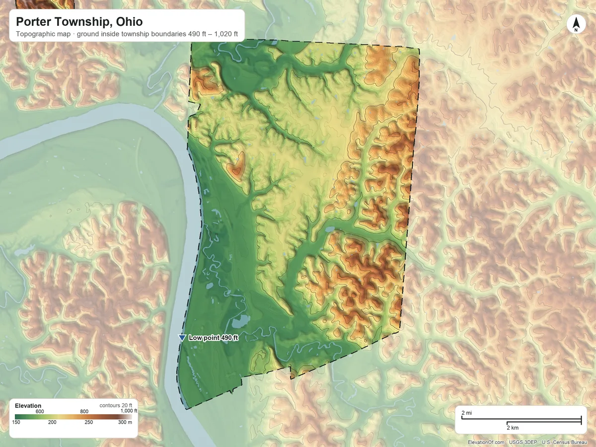 Topographic elevation map of Porter Township, Ohio, shaded from 490 ft on the southwest side to 1,020 ft on the northwest side