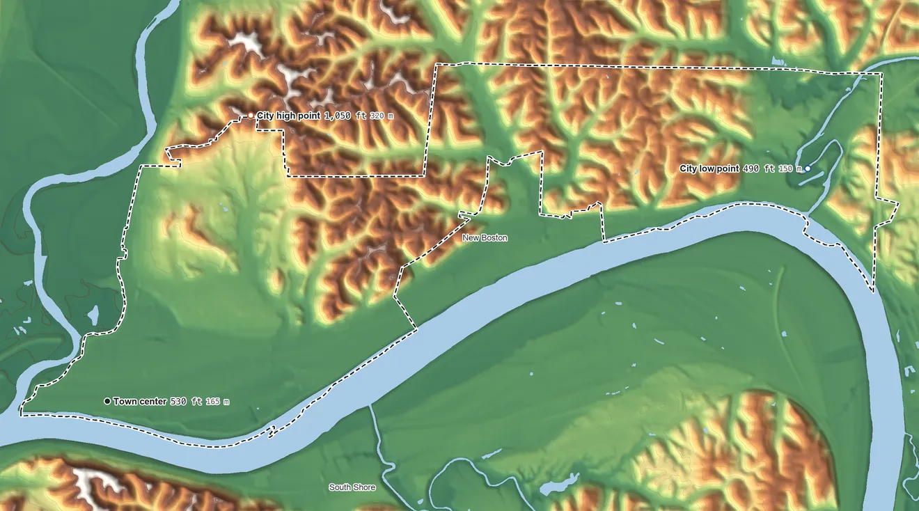 Topographic elevation map of Portsmouth, Ohio, shaded from 490 ft on the east side to 1,050 ft on the northeast side