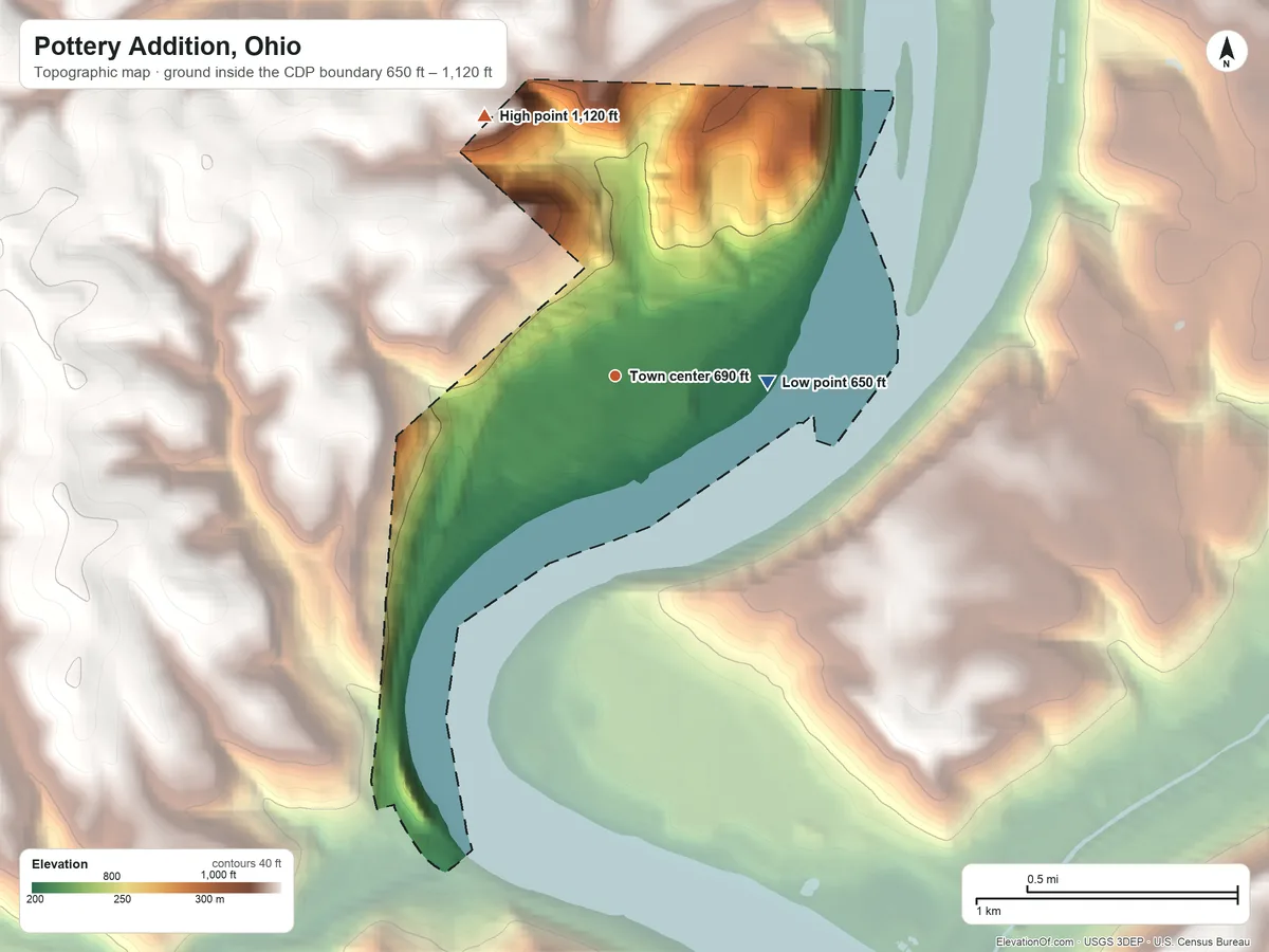Topographic elevation map of Pottery Addition, Ohio, shaded from 650 ft on the east side to 1,120 ft on the northwest side