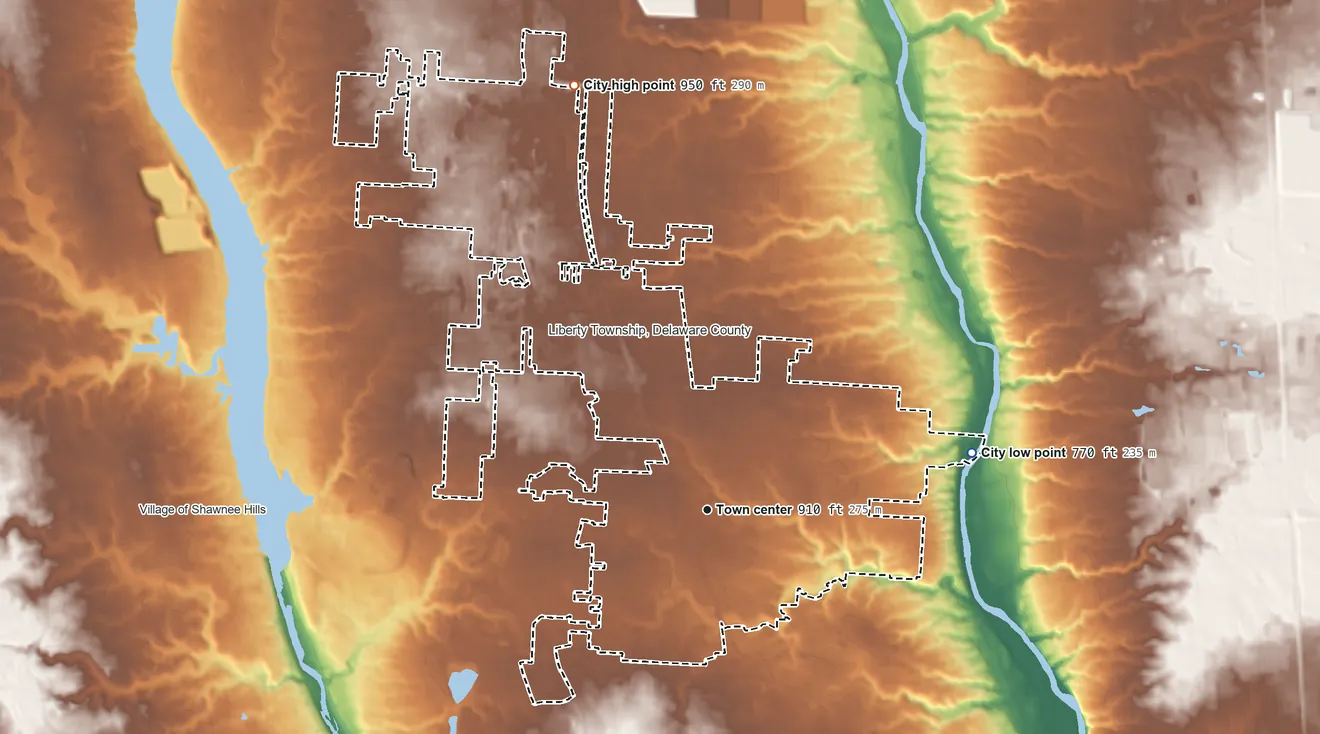 Topographic elevation map of Powell, Ohio, shaded from 770 ft on the east side to 950 ft on the north side