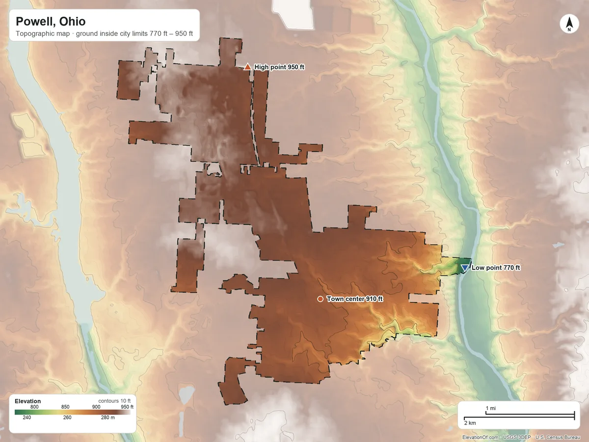 Topographic elevation map of Powell, Ohio, shaded from 770 ft on the east side to 950 ft on the north side
